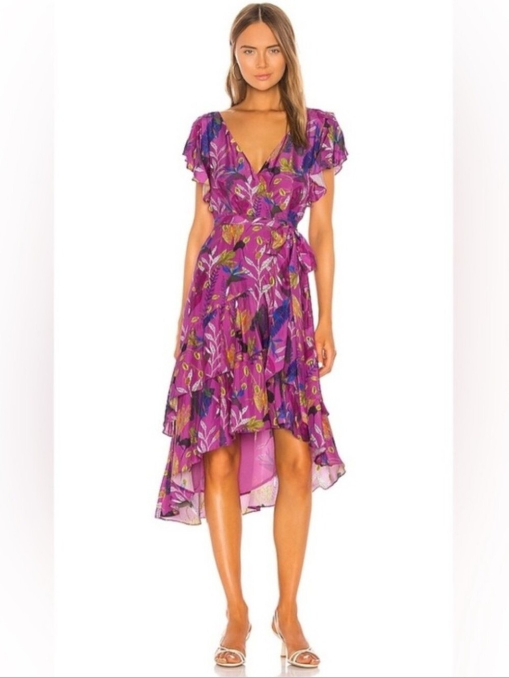 Tanya Taylor Silk Purple Floral Wrap Midi Dress Wedding Guest Party V-Neck